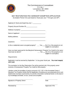 Maryland Bay Restoration Fee Hardship Exemption Application
