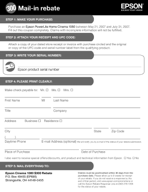 Epson PowerLite Home Cinema 1080 Rebate Form