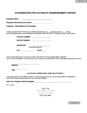 Authorization for Automatic Reimbursement Deposit