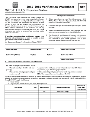 2015–2016 Verification Worksheet DEP