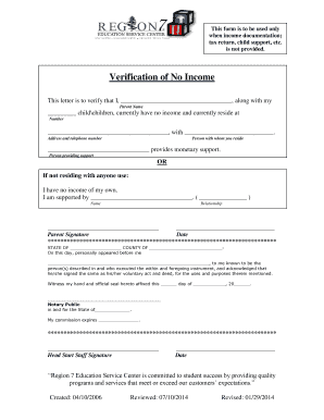 Verification of No Income Form