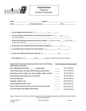 Early Head Start Pregnancy Nutrition Assessment Form