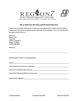 Early Head Start Teacher Hire Date and Background Check Form