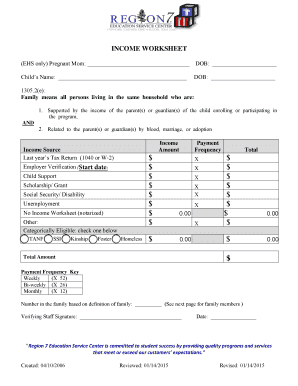 Income Verification Worksheet for EHS Program