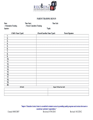 Parent Training Sign-In Form