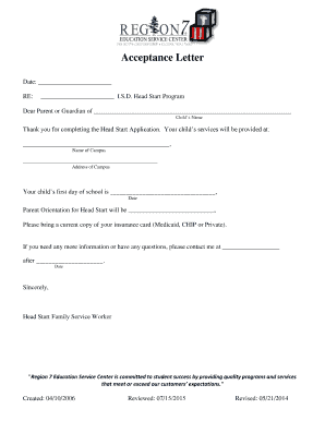 Head Start Program Acceptance Letter
