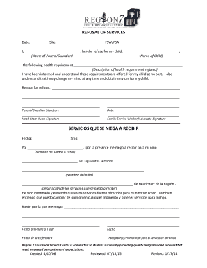 Head Start Health Service Refusal Form