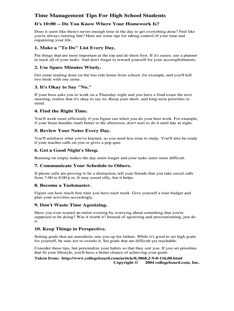 Fillable Online Time Management Tips For High School Students Fax Email