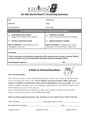 On-Site Dental Exam Screening Summary