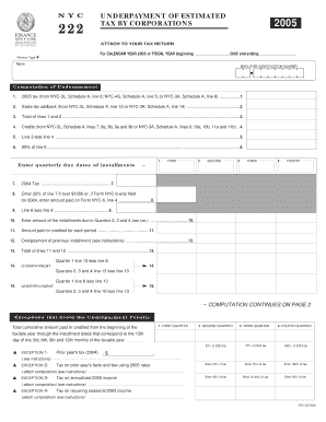 2005 NYC-222 Underpayment of Estimated Tax by Corporations Adobe PDF General Corporation Tax Form and Instructions