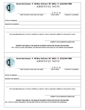Xavier High School Absentee Note