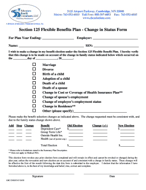 Section 125 Flexible Benefits Plan Change in Status Form