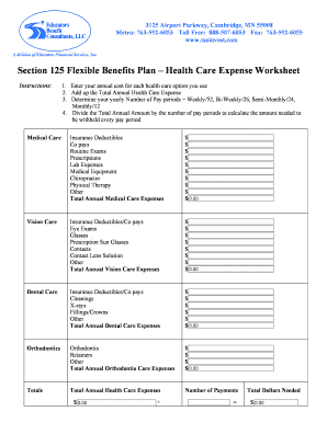 Section 125 Flexible Benefits Plan – Health Care Expense Worksheet