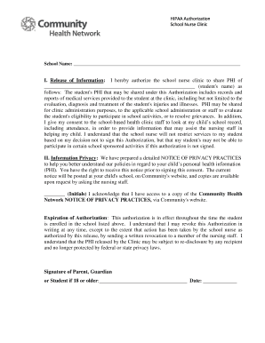 HIPAA Authorization for School Nurse Clinic