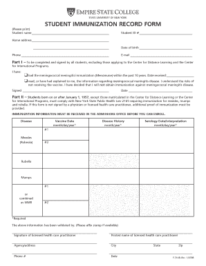 Student Immunization Record Form