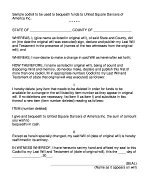 Codicil for Bequest to United Square Dancers of America