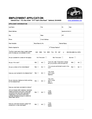 Oakland Zoo Employment Application