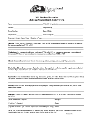 UGA Outdoor Recreation Challenge Course Health History Form