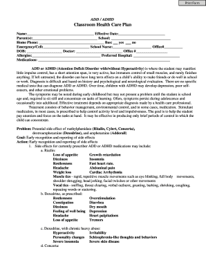 ADHD Classroom Health Care Plan