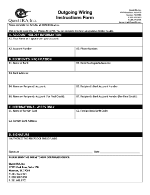 Quest IRA Outgoing Wire Transfer Form