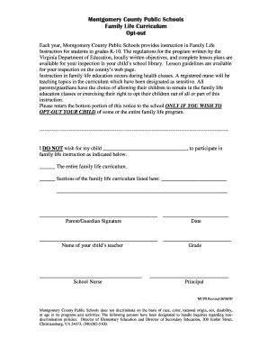 Montgomery County Family Life Curriculum Opt-Out Form