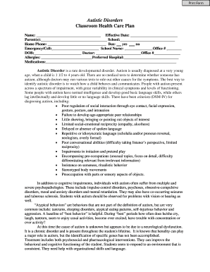 Classroom Health Care Plan for Autistic Disorders