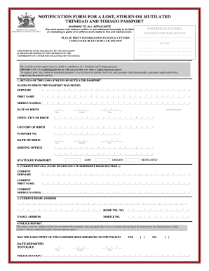 Trinidad and Tobago Lost Passport Notification Form