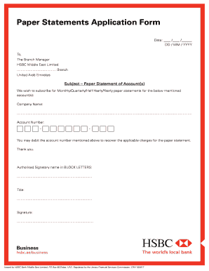 HSBC Paper Statements Application Form