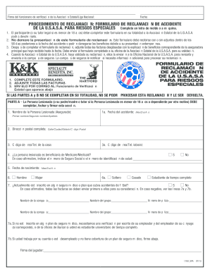 FORMULARIO DE RECLAMACIÓN DE ACCIDENTE DE LA U.S.A.S.A. PARA RIESGOS ESPECIALES