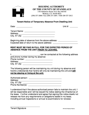 Tenant Notice of Temporary Absence From Dwelling Unit