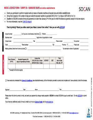 Music Licence Form - Tariff 20