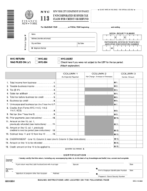 New York City Unincorporated Business Tax Claim for Credit or Refund