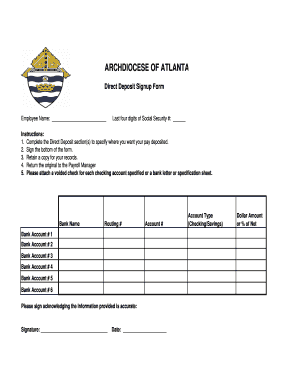 ARCHDIOCESE OF ATLANTA Direct Deposit Signup Form Employee Name Last four digits of Social Security # Instructions