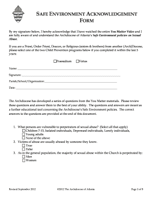 Safe Environment Acknowledgement Form
