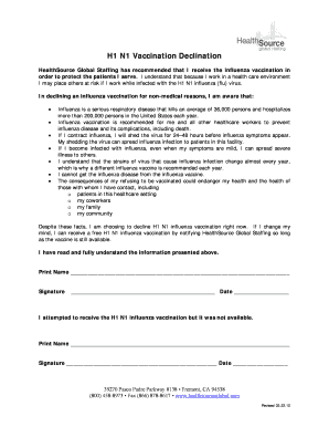 H1 N1 Vaccination Declination Form