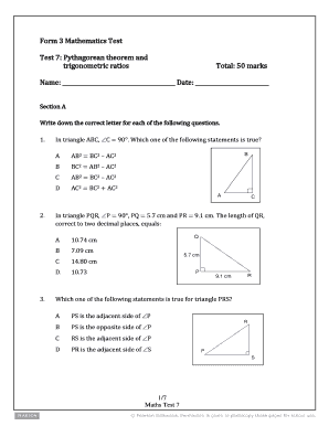 Mathematics Test 7 Pythagorean Theorem
