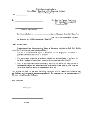 Sellers Representation Letter for Rule 144