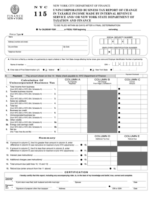 New York City Unincorporated Business Tax Report of Change