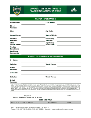 Competitive Team Tryouts Player Registration Form