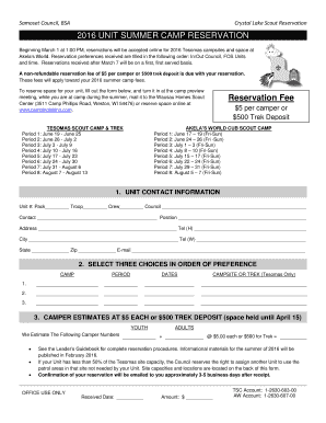2016 Unit Summer Camp Reservation