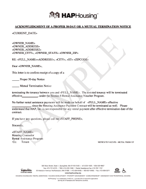 Acknowledgment of Tenancy Termination Notice