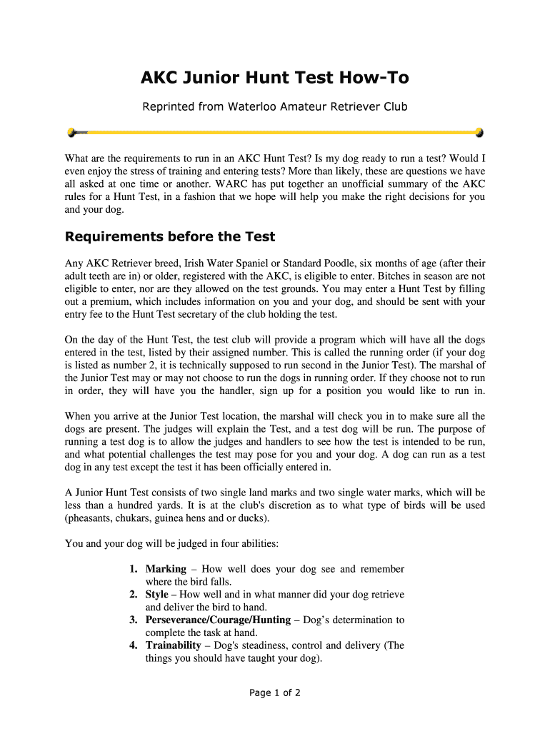 Fillable Online AKC Junior Hunt Test HowTo Fax Email Print pdfFiller