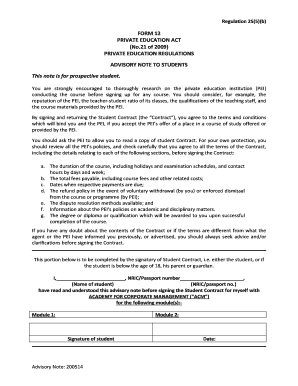 Private Education Student Contract Advisory Note