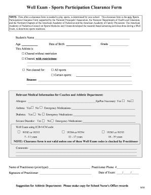 Vermont Sports Participation Clearance Form