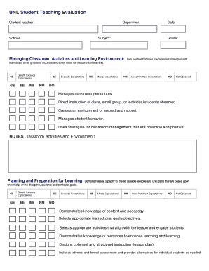 UNL Student Teaching Evaluation Form
