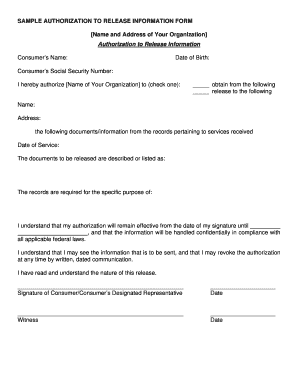 sample authorization to release information fillable printable