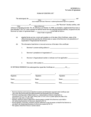 Borrower Certificate for Letter of Agreement