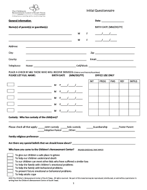 Children’s Bereavement Center Initial Questionnaire