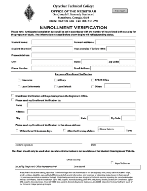 Ogeechee Technical College Enrollment Verification Form