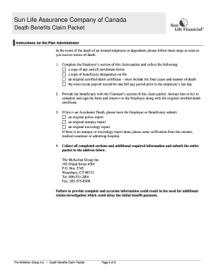 Sun Life Assurance Death Benefits Claim Packet